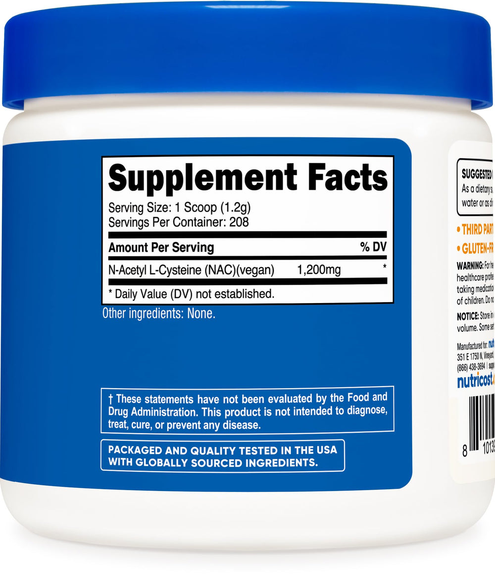 Nutricost NAC bottle back view noting GMP and FDA registered facility.