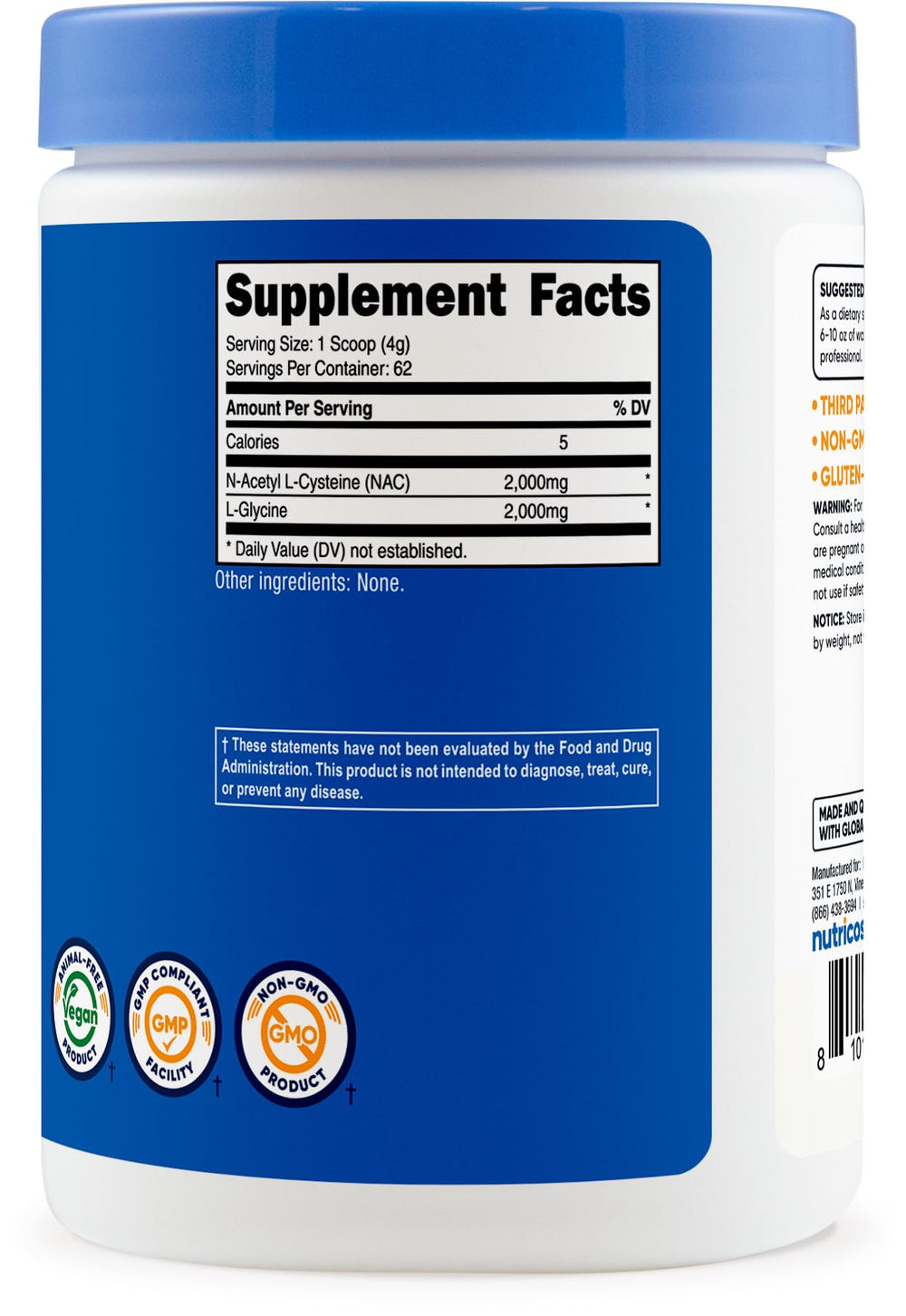 Nutricost NAC and Glycine powder label close-up highlighting ingredients.