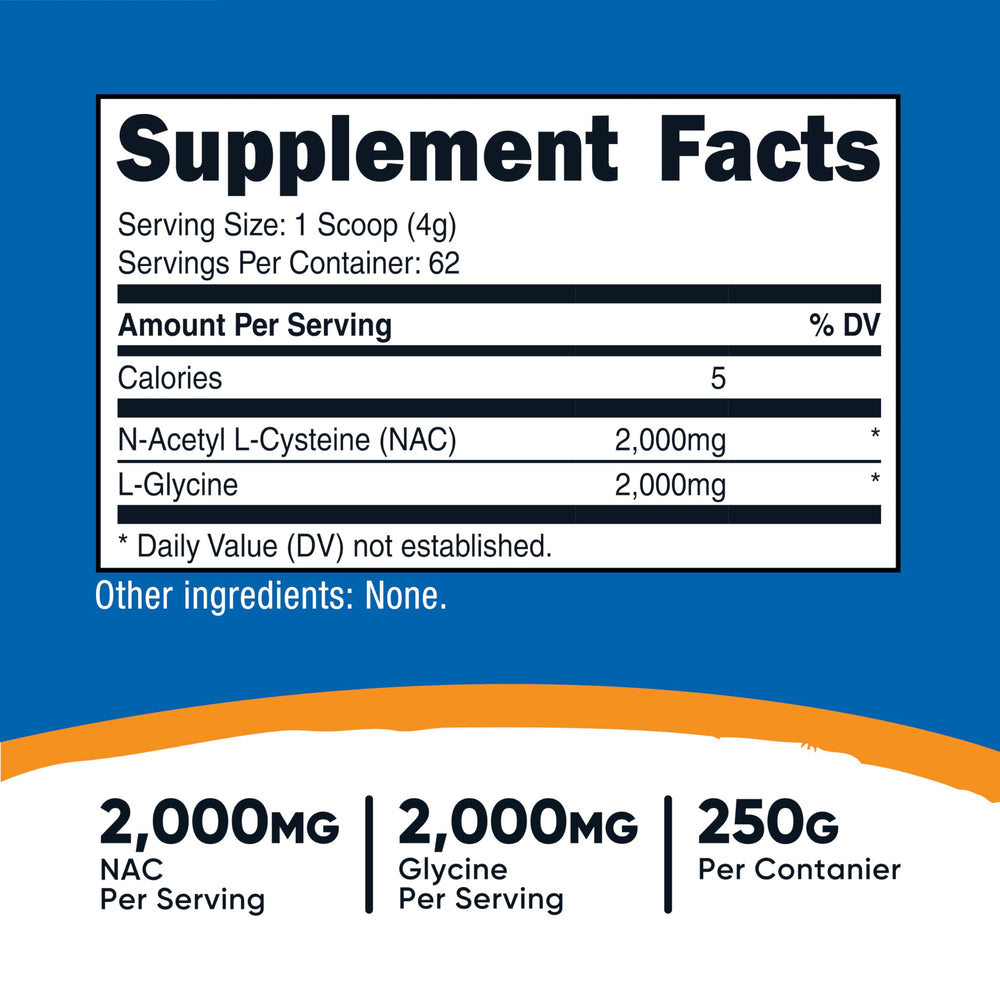 Nutricost NAC and Glycine powder with measuring scoop for precise dosing.