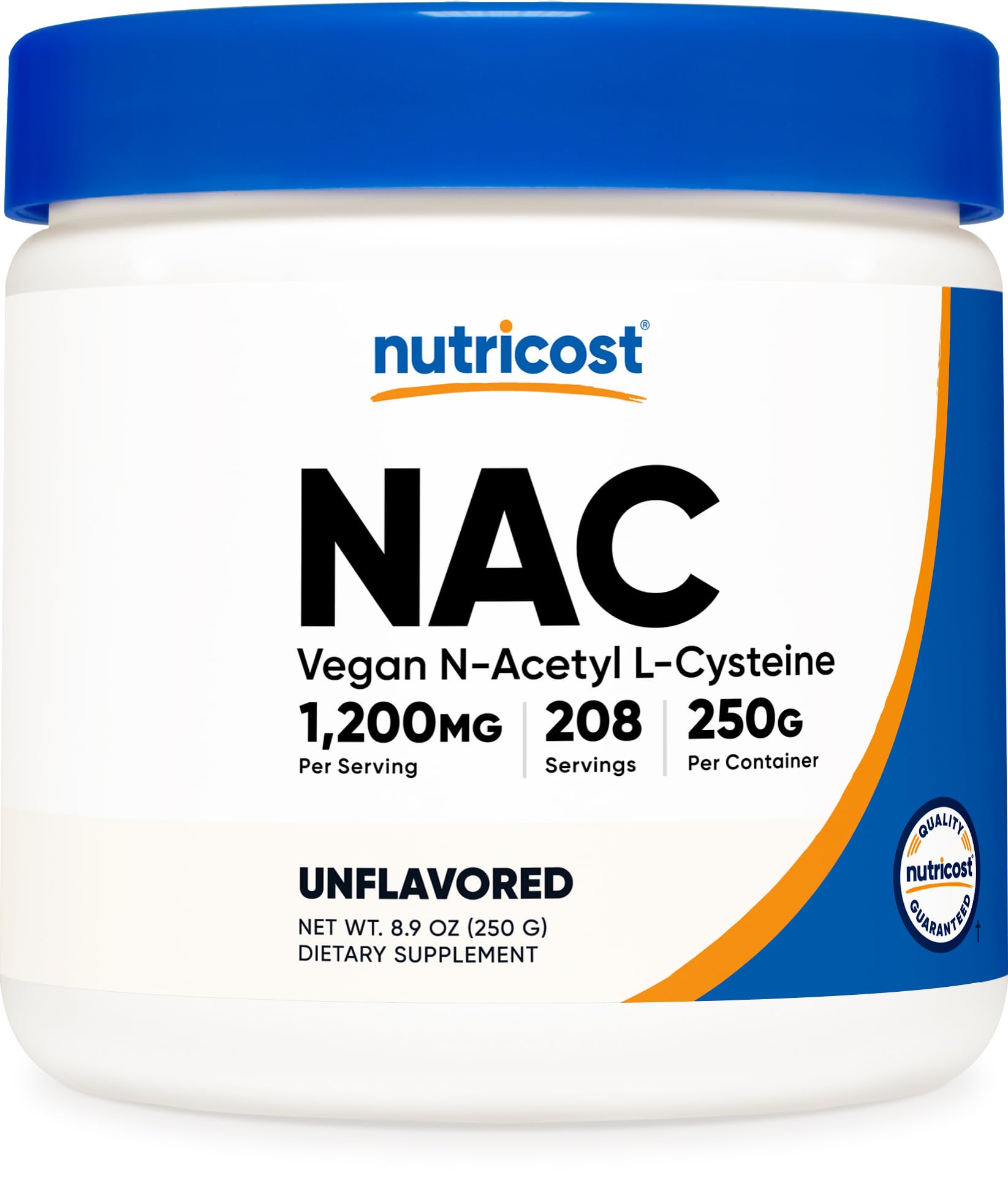 Nutricost NAC powder bottle front view, 250 g size for daily supplement routine.