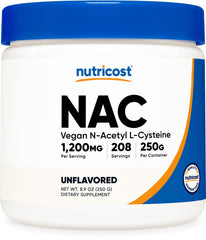 Nutricost NAC powder bottle front view, 250 g size for daily supplement routine.