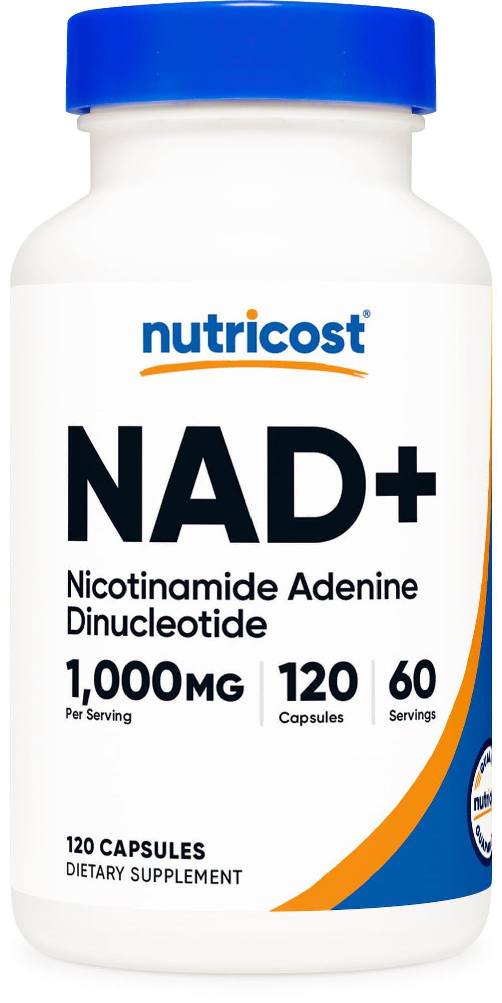 Nutricost NAD+ bottle front showing 60 servings and label details.