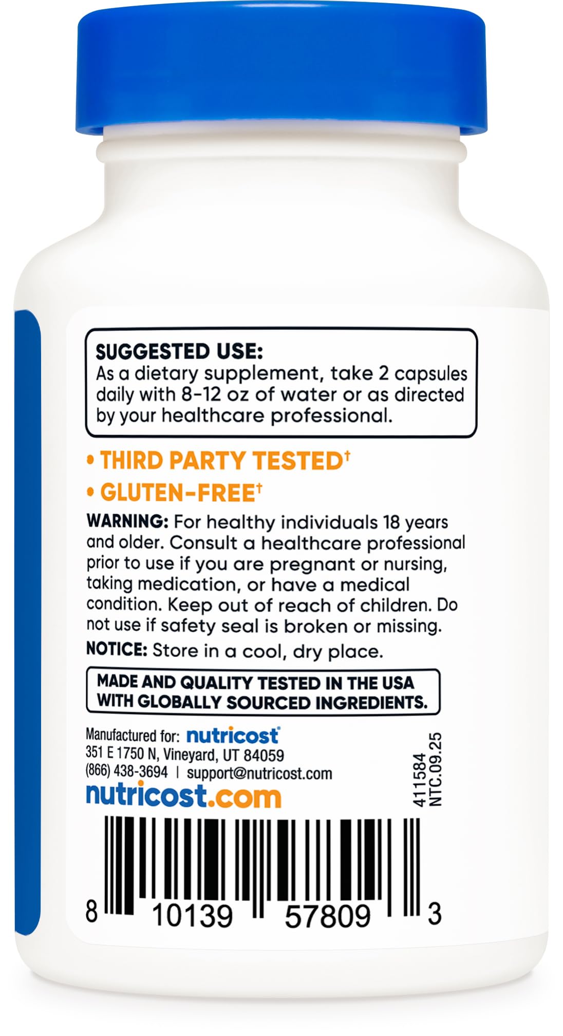 Nutricost NAD+ label close-up highlighting 1000mg per serving and vegan formula