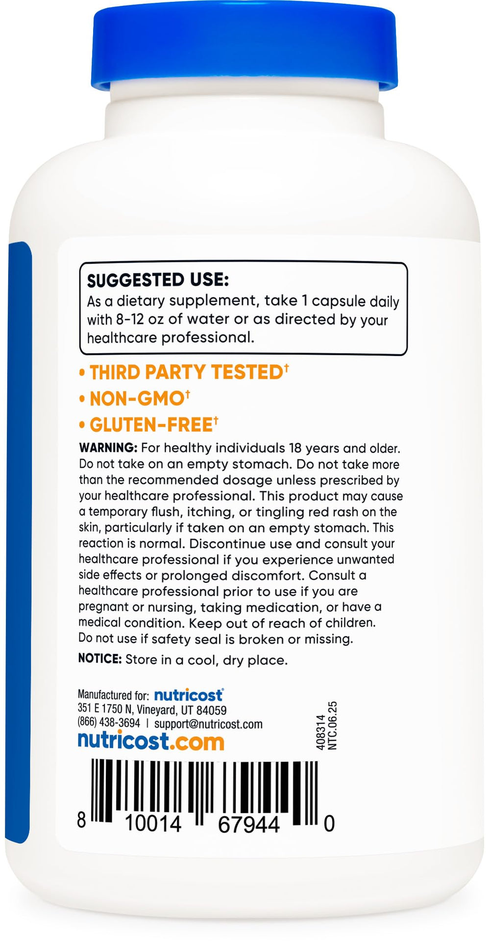 Nutricost Niacin 500mg packaging communicates non-GMO and gluten-free benefits.