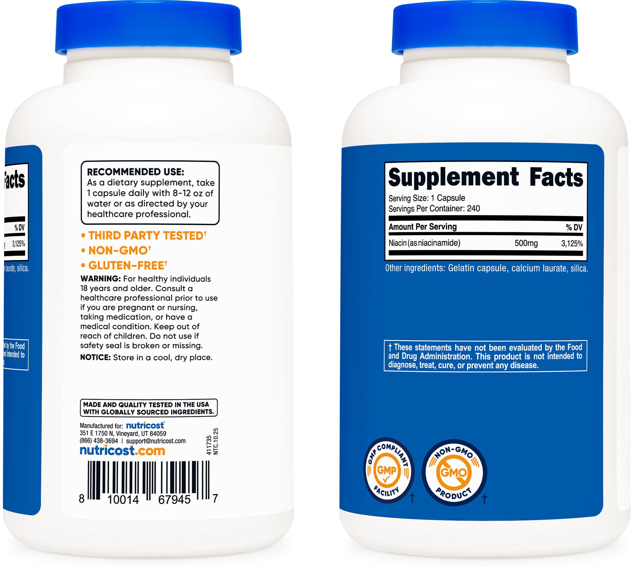 Nutricost Niacinamide 500mg facility inside photo references NSF GMP and FDA registered production.