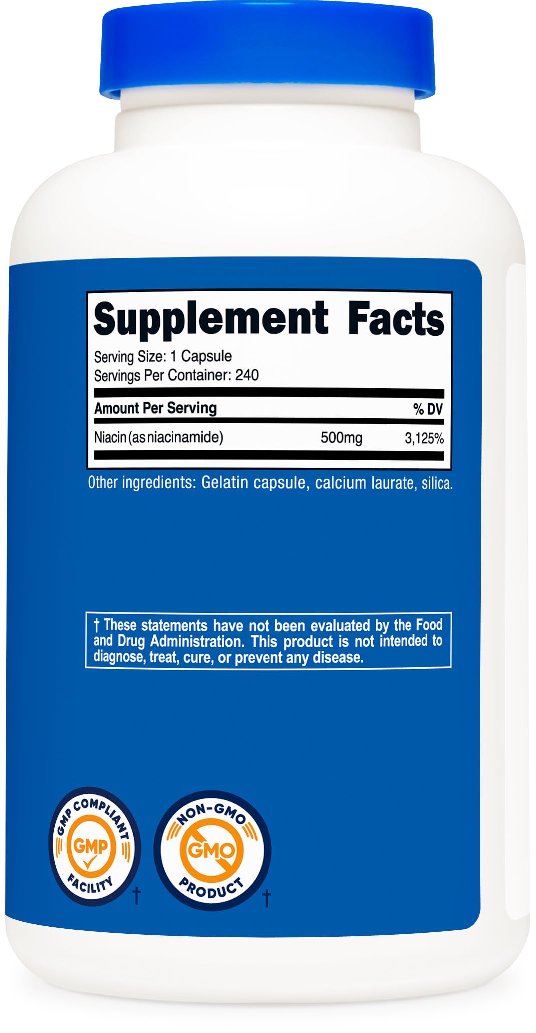 Nutricost Niacinamide 500mg label detail highlights quality and allergen information.