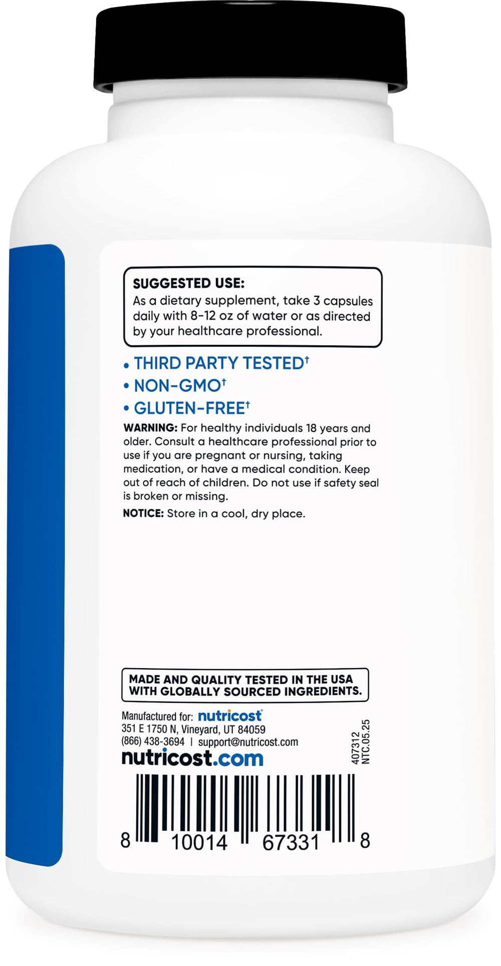 Nutricost Nitric Oxide Booster nutrition label with non-GMO and gluten-free notes