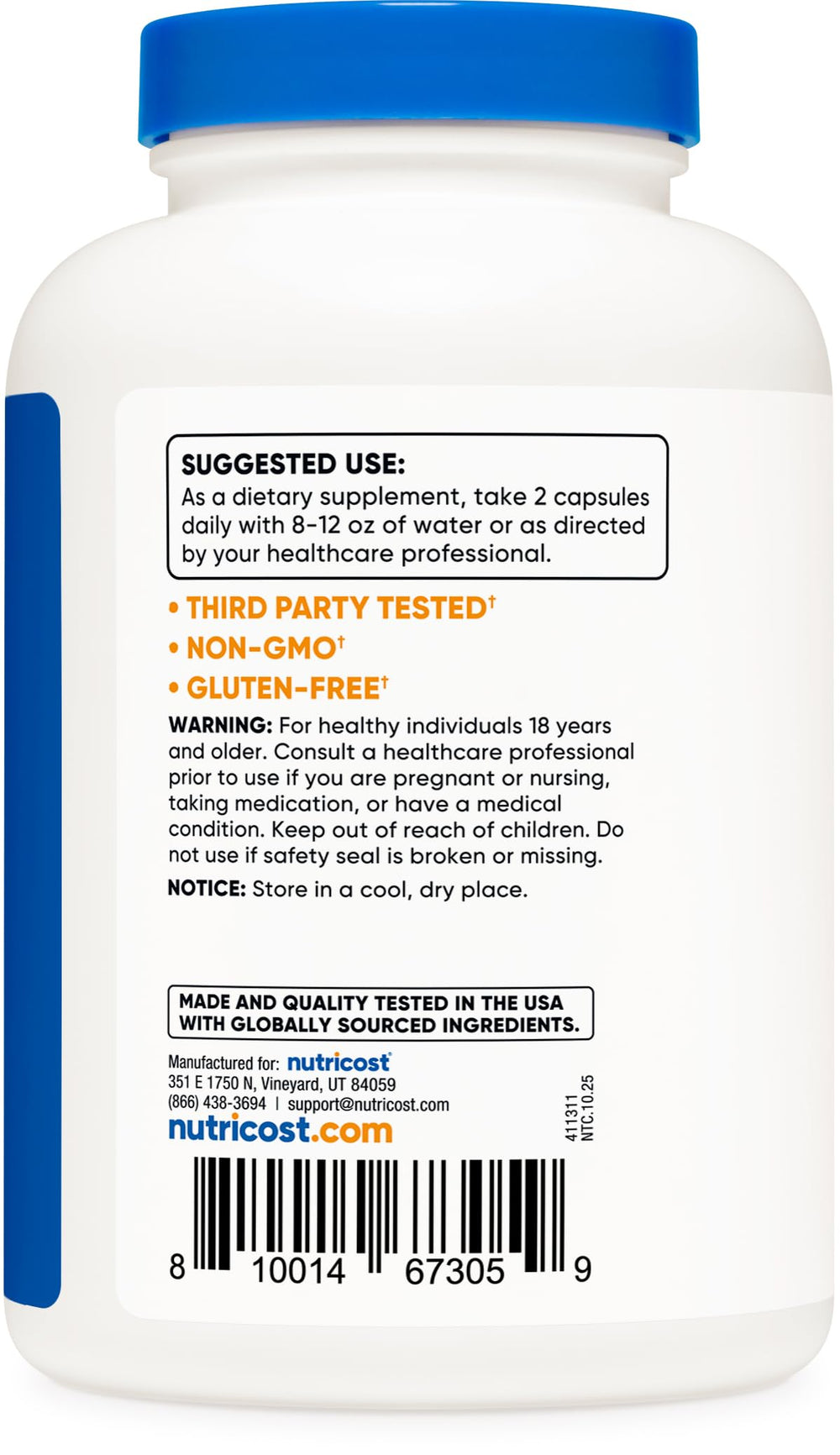 Nutricost Non-GMO Gluten-Free label on packaging emphasizing dietary compatibility