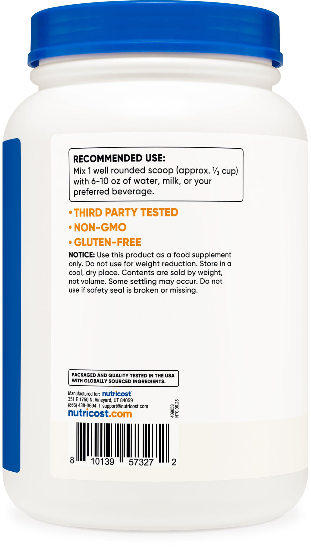 Nutricost non-GMO gluten-free whey protein for diverse diets and workouts.