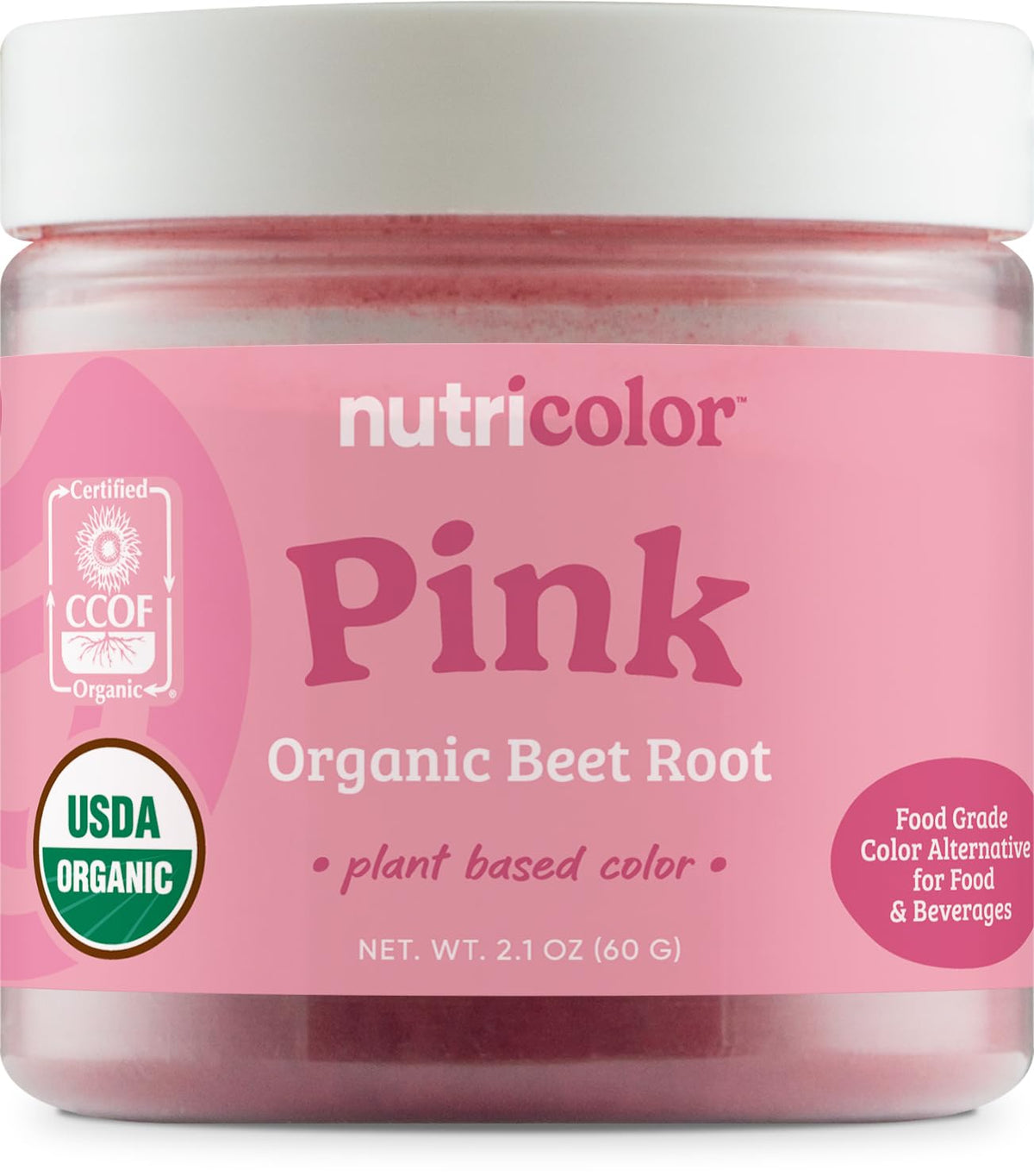 Nutricost Nutricolor pink beet root powder bottle shows vibrant natural color.