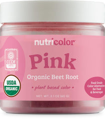 Nutricost Nutricolor pink beet root powder bottle shows vibrant natural color.