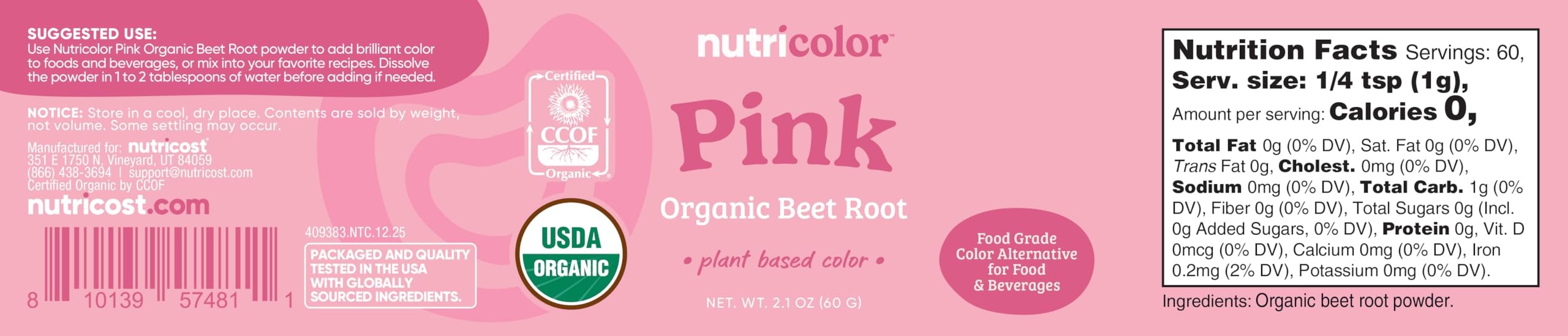 Nutricolor packaging and jar highlight organic beet coloring.