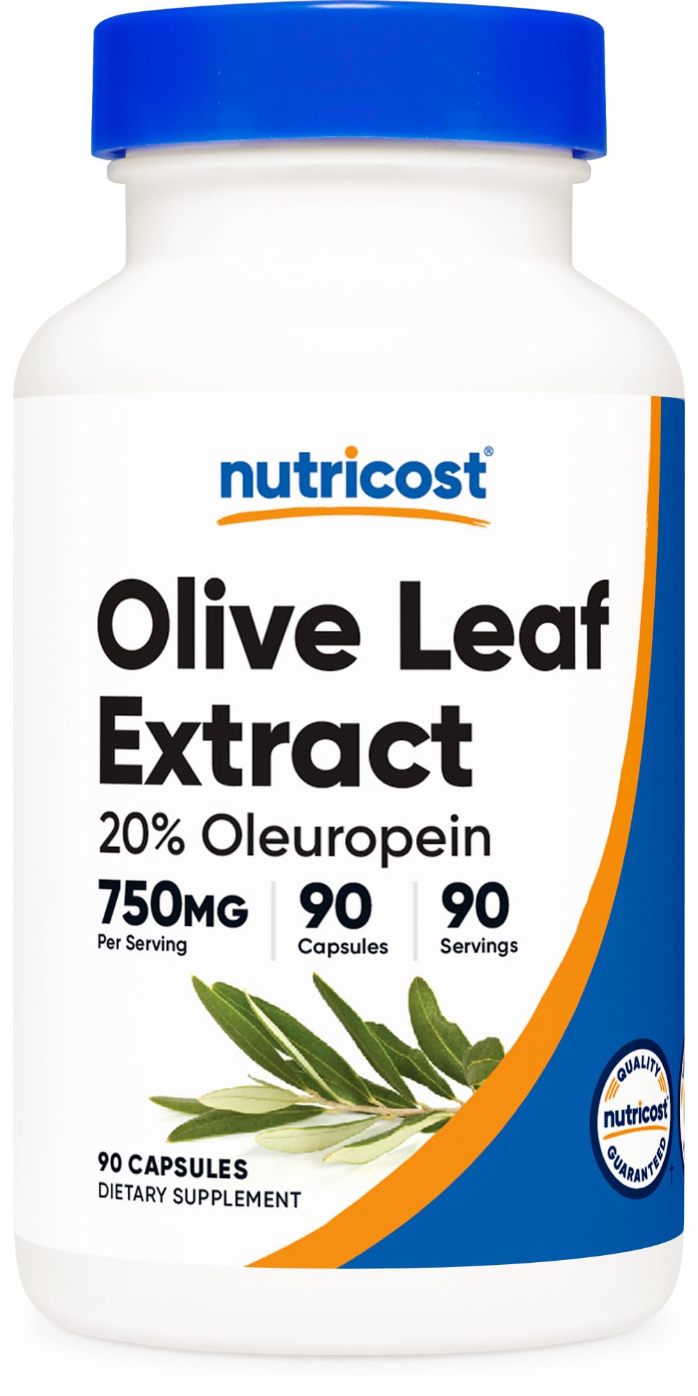 Nutricost olive leaf extract 750 mg bottle demonstrates dosage for daily support