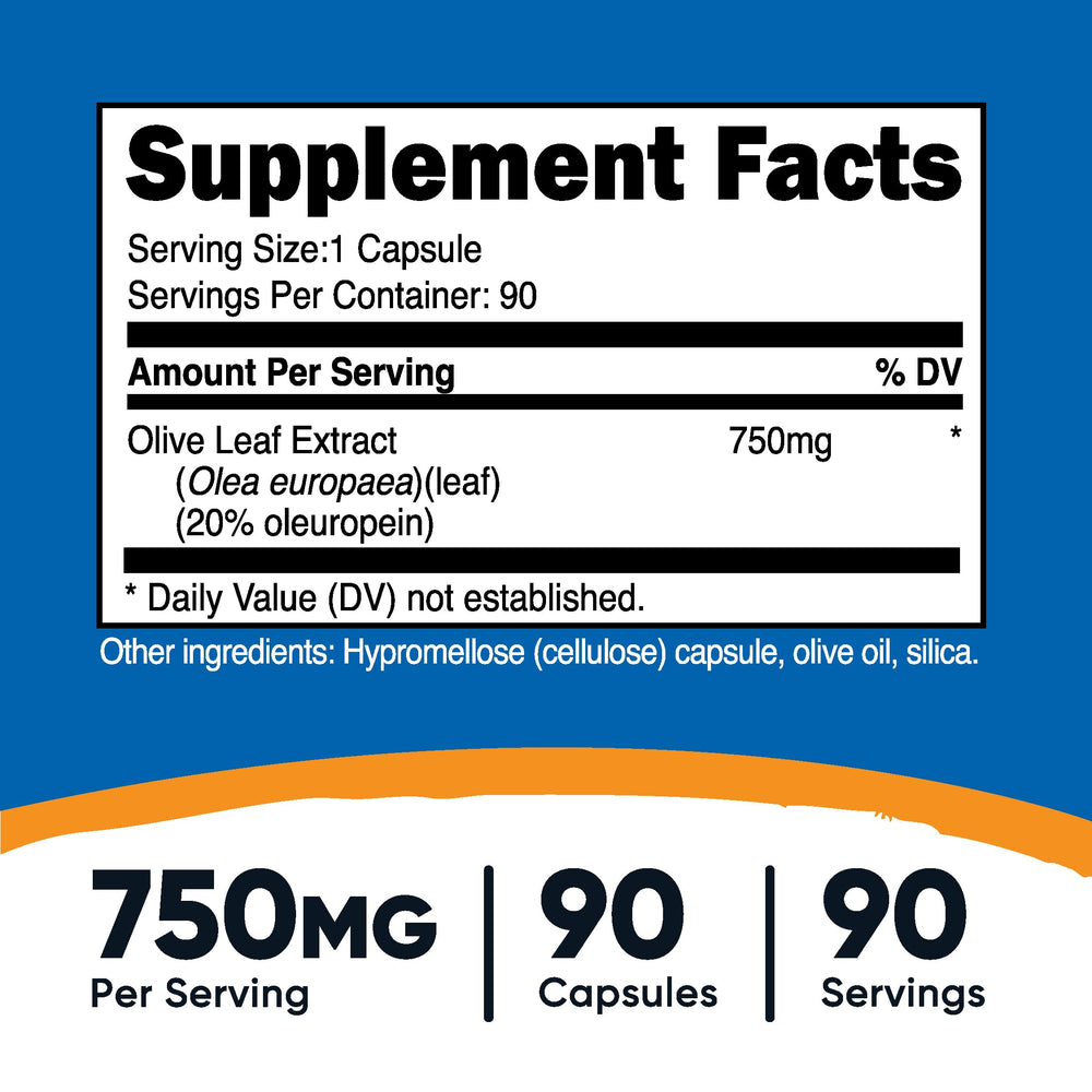 Nutricost olive leaf extract label shows 20 oleuropein content and ingredients