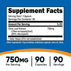 Nutricost olive leaf extract label shows 20 oleuropein content and ingredients