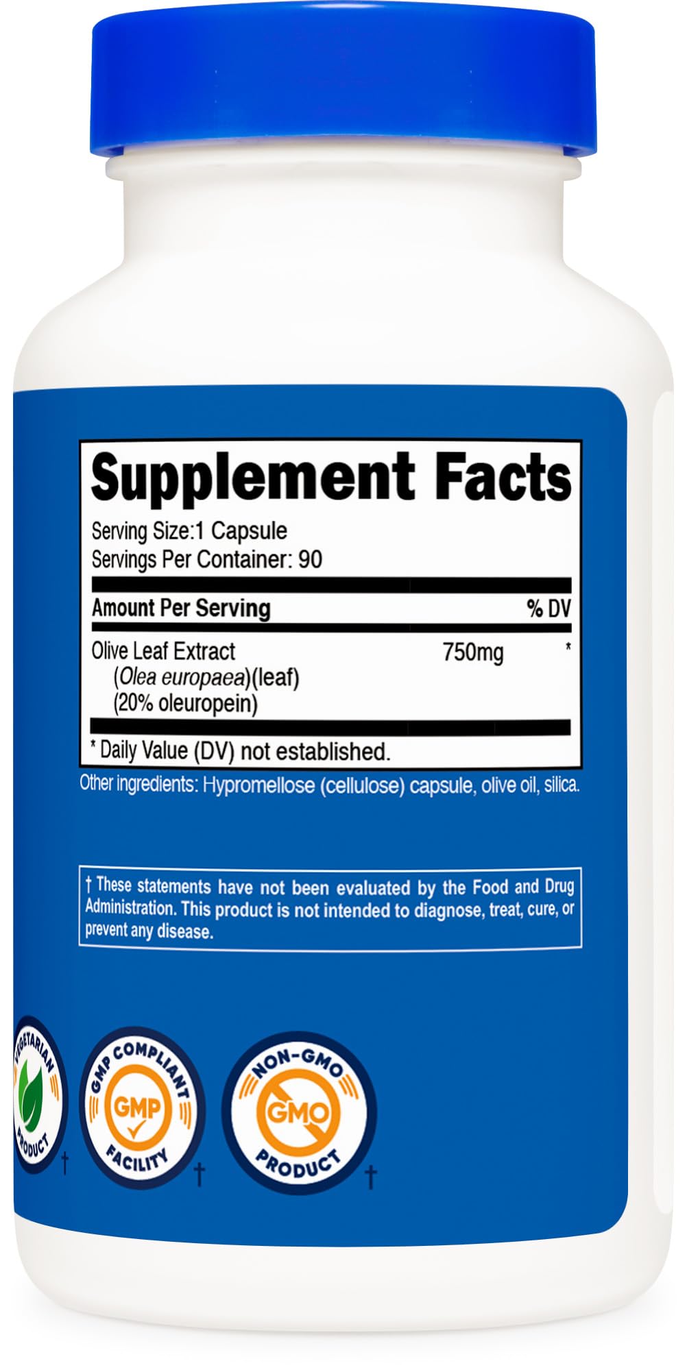Nutricost olive leaf extract packaging highlights non-GMO and gluten-free claim