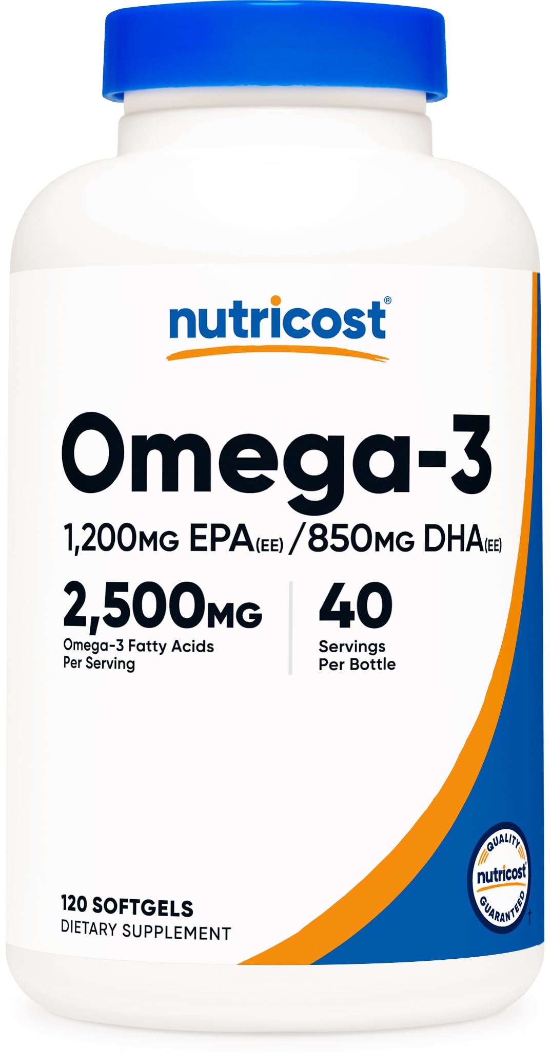 Nutricost Omega-3 Fish Oil bottle front view emphasizes wild-caught formula for daily omega-3 intake.