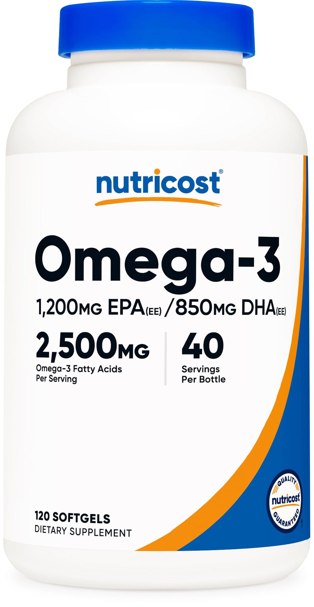 Nutricost Omega-3 Fish Oil bottle front view emphasizes wild-caught formula for daily omega-3 intake.