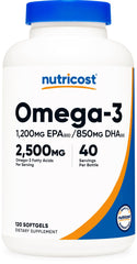 Nutricost Omega-3 Fish Oil bottle front view emphasizes wild-caught formula for daily omega-3 intake.