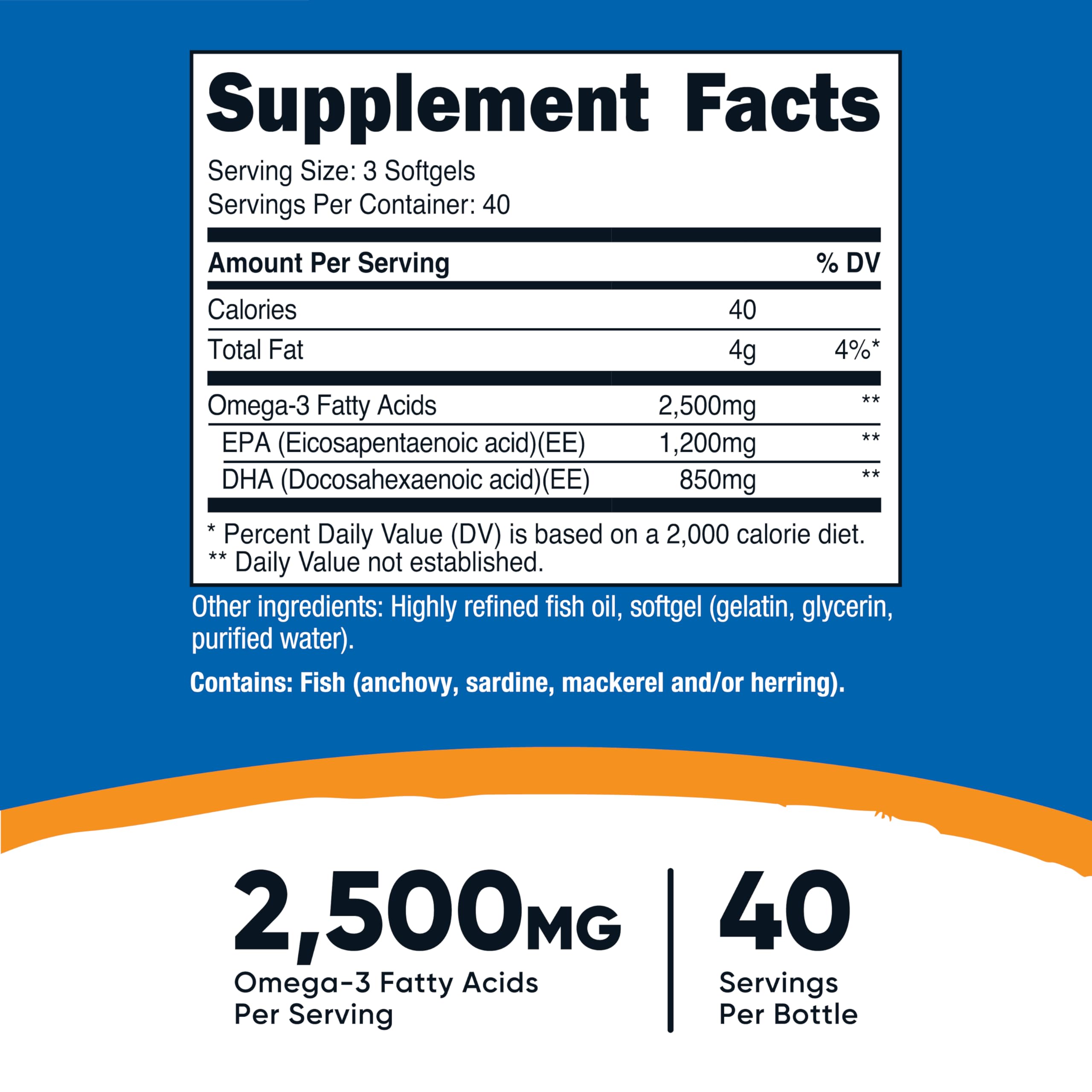 Nutricost Omega-3 Fish Oil bottle label highlights 1200mg EPA and 850mg DHA per serving for daily intake.