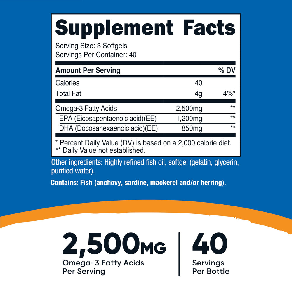 Nutricost Omega-3 Fish Oil bottle label highlights 1200mg EPA and 850mg DHA per serving for daily intake.