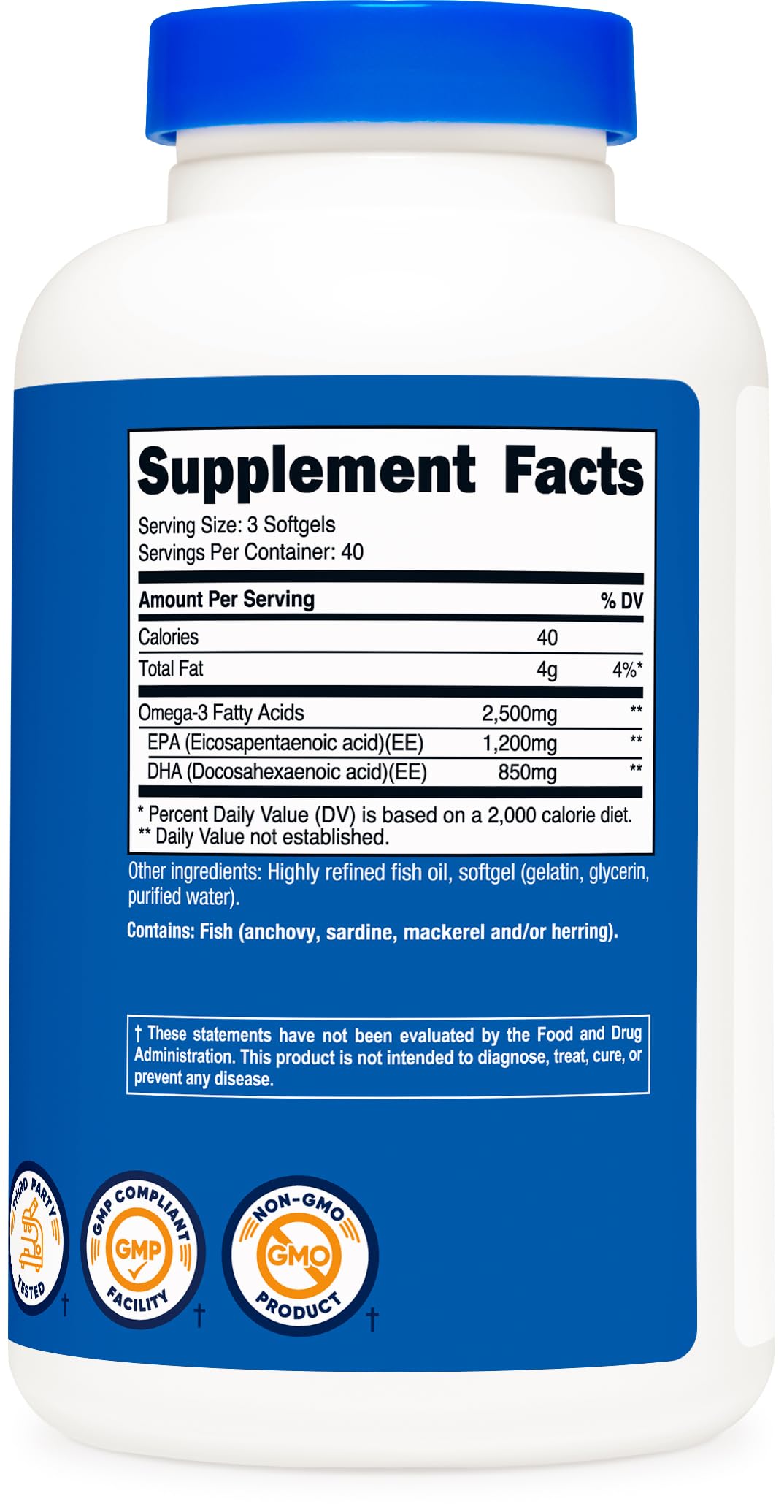 Nutricost Omega-3 fish oil bottle on shelf signals quality and non-GMO assurance.