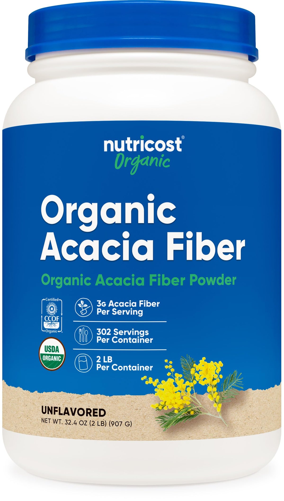 Nutricost Organic Acacia Fiber Powder bottle highlighting daily fiber source.