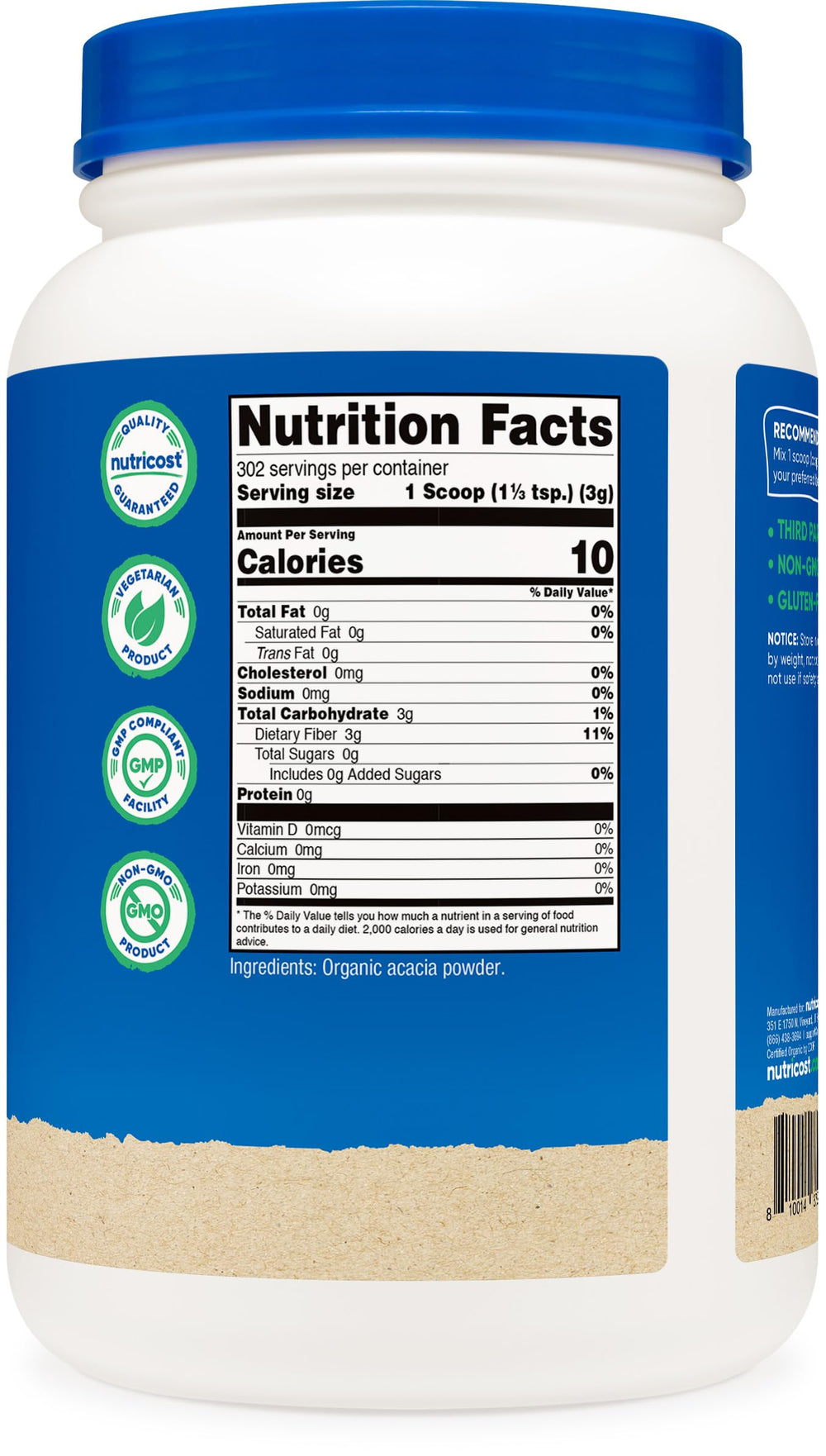 Nutricost Organic Acacia Fiber Powder close-up of USDA Organic label.
