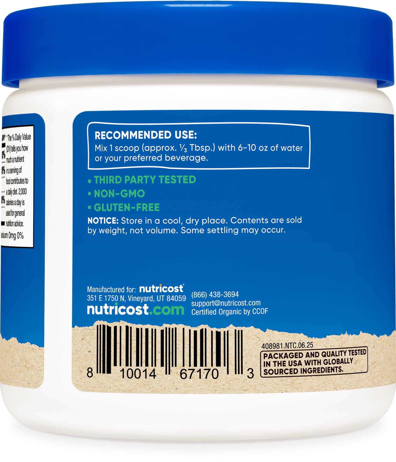Nutricost Organic Blueberry Powder nutrition label and quality marks