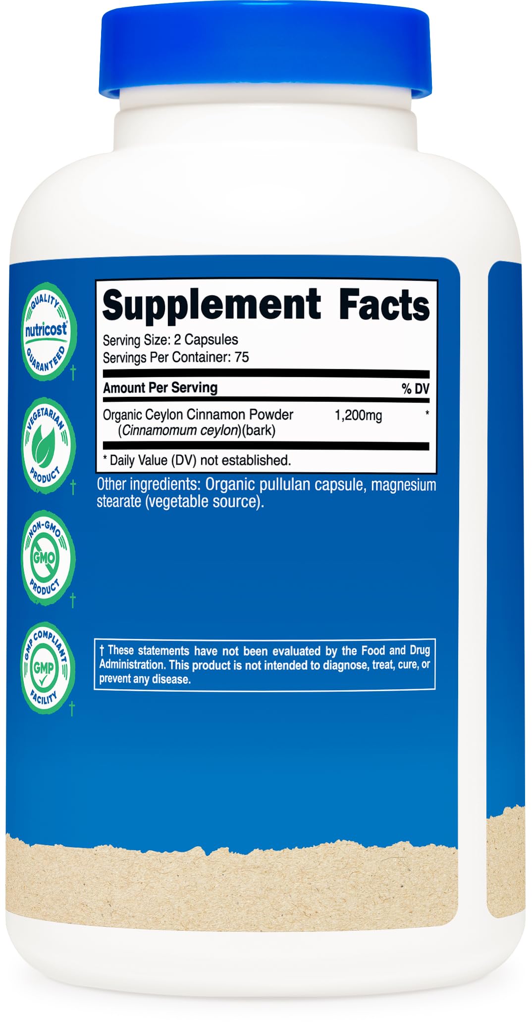 Nutricost Organic Cinnamon Ceylon bottle with 150 capsules—long-lasting daily supplementation.