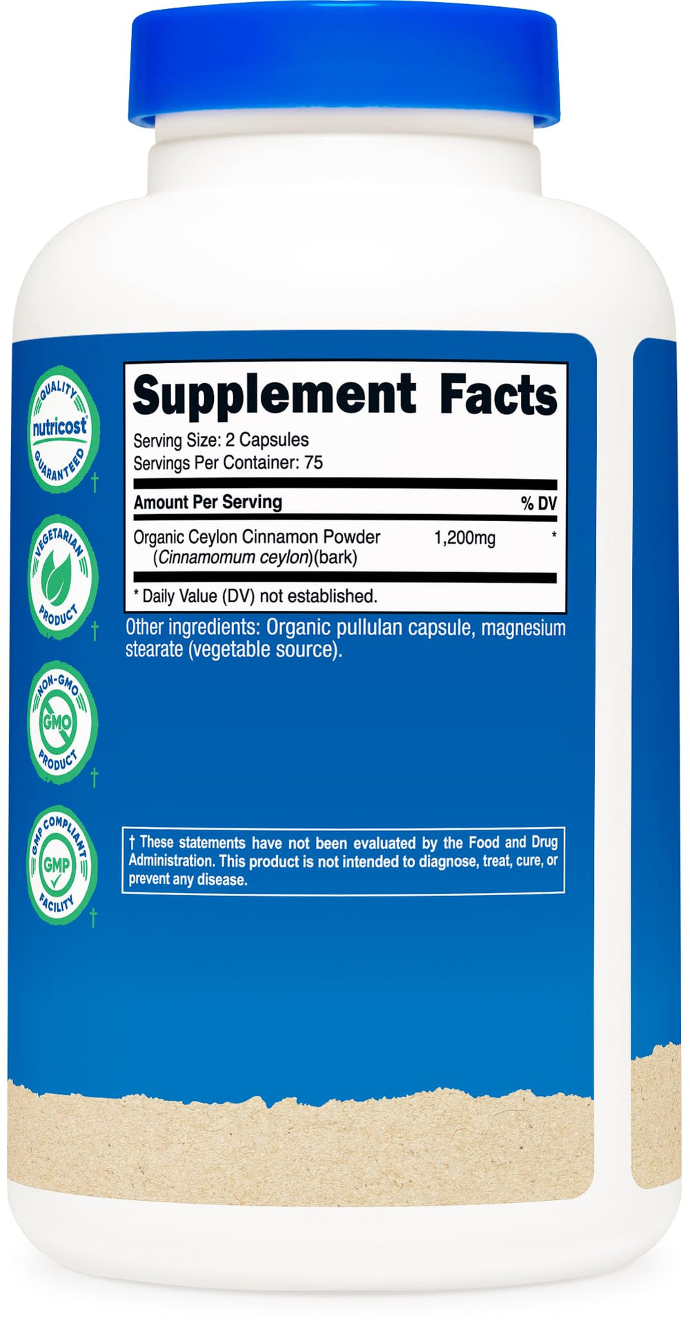 Nutricost Organic Cinnamon Ceylon bottle with 150 capsules—long-lasting daily supplementation.