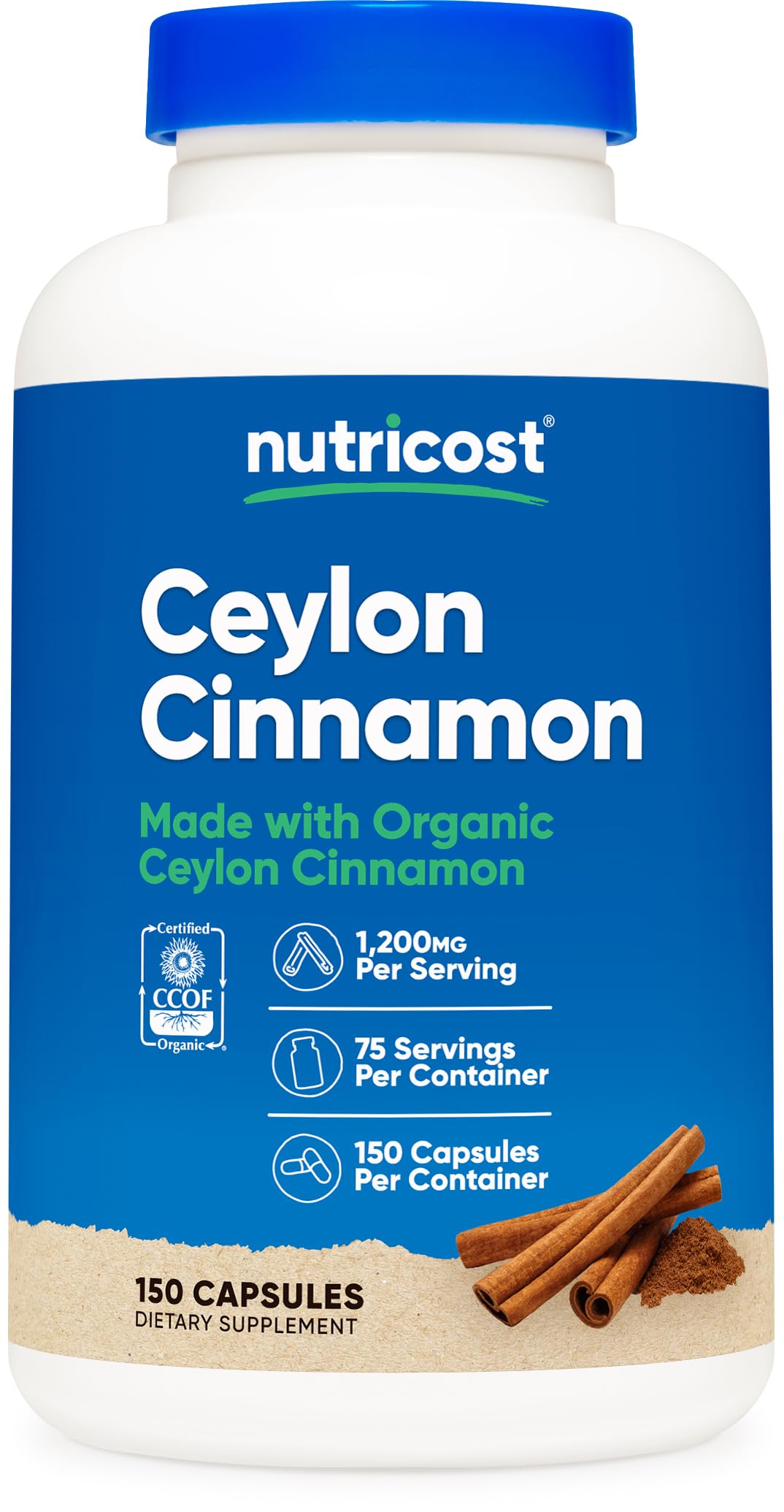 Nutricost Organic Cinnamon Ceylon bottle front for daily wellness support.