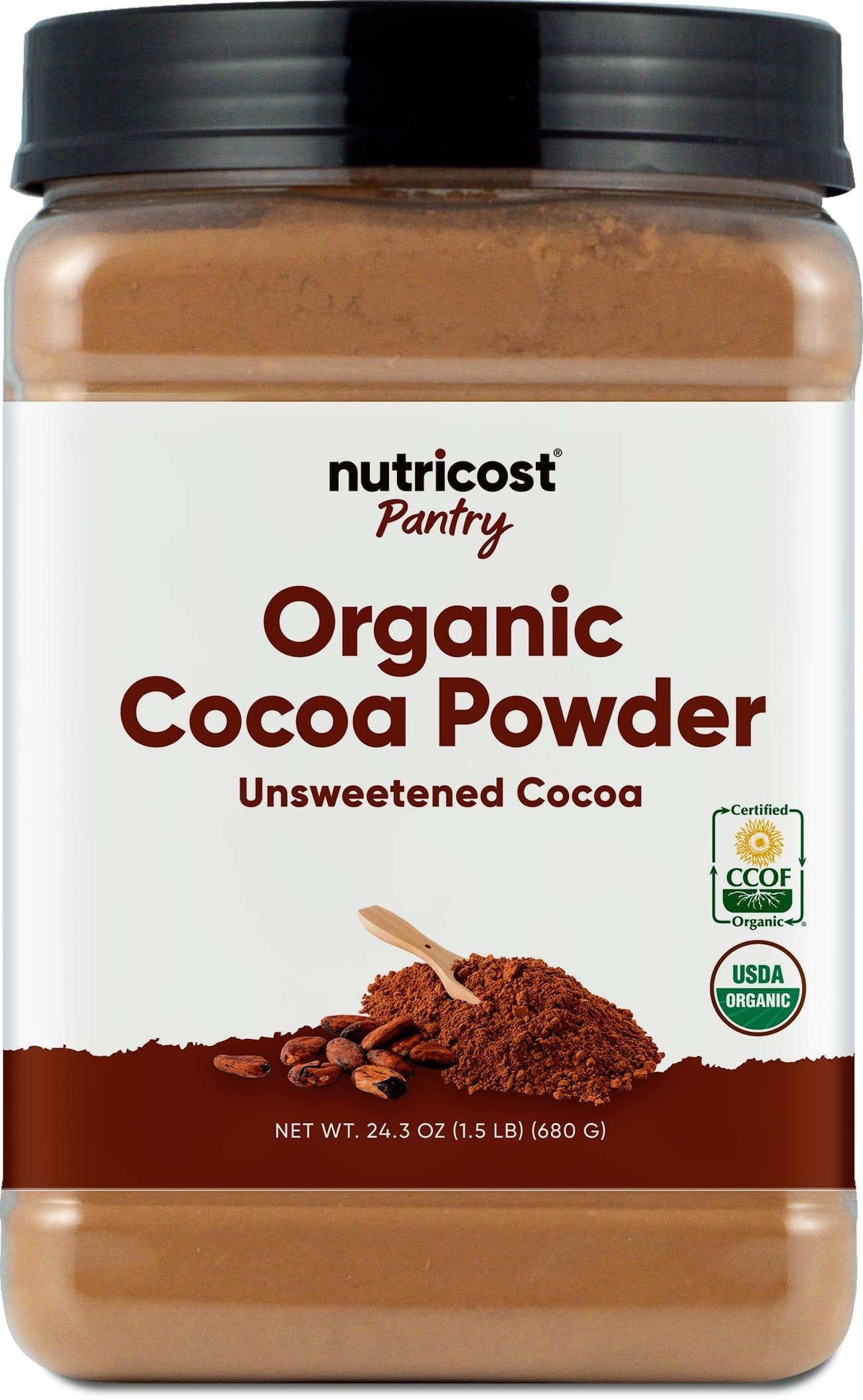 Nutricost organic cocoa powder bottle, 1.5 lb, pure unsweetened flavor for baking