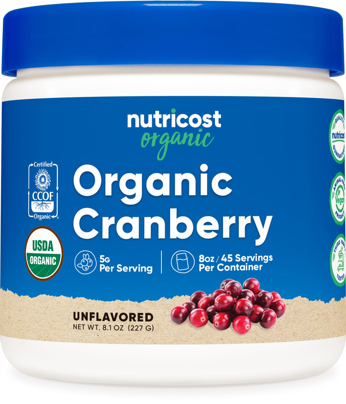 Nutricost Organic Cranberry Powder bottle for daily use and flavor addition