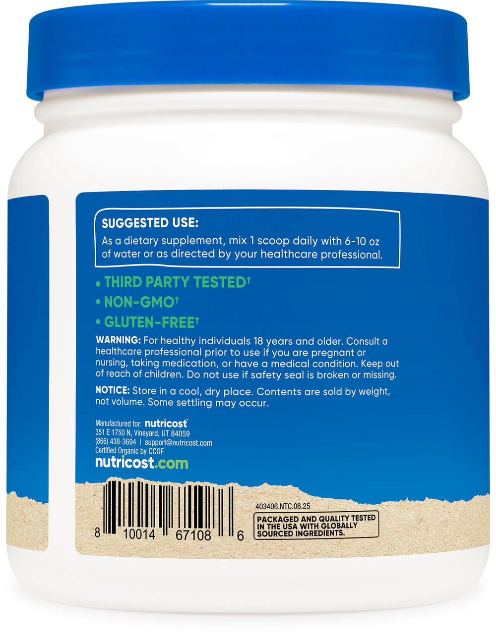 Close-up of Nutricost Organic Inulin Powder label with USDA Organic seal