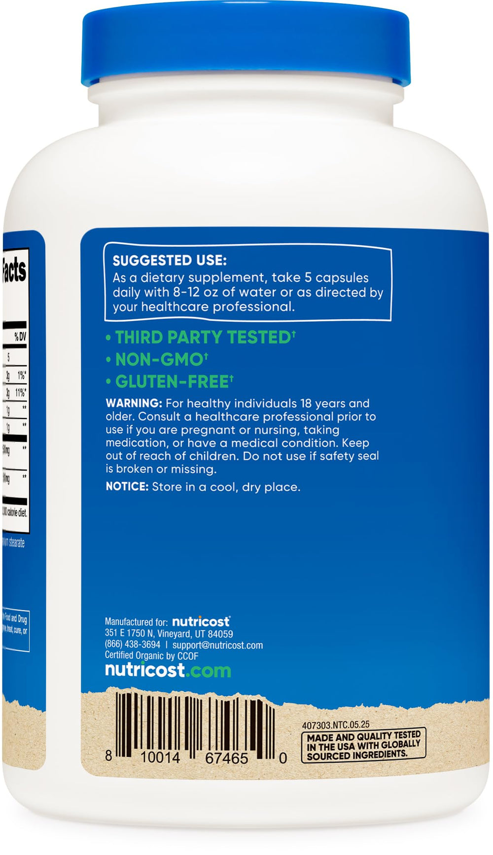 Close-up of Nutricost organic psyllium husk as a plant-based fiber source.
