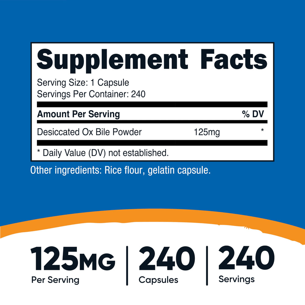 Close-up of Nutricost Ox Bile capsules showing dosage