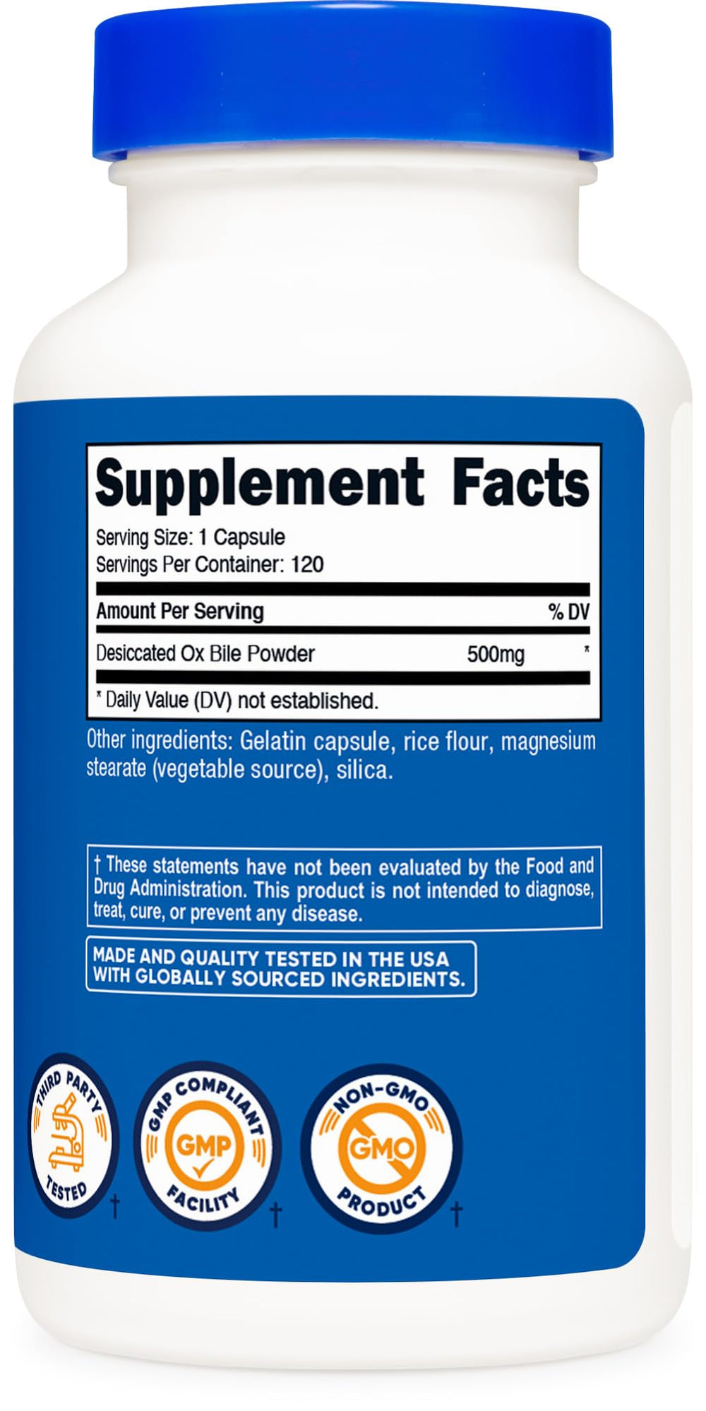 Nutricost Ox Bile packaging shows non-GMO and gluten-free seals