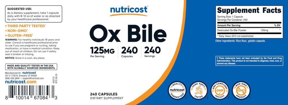 Packaging of Nutricost Ox Bile in a clean, professional bottle