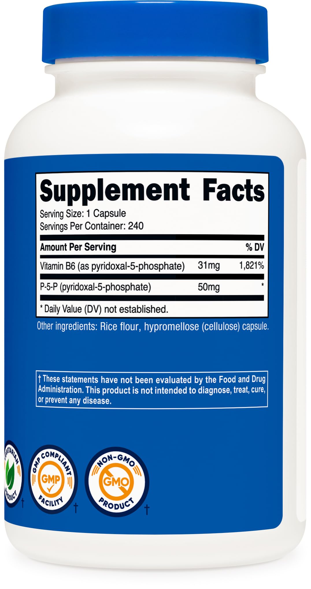 Certifications on Nutricost P5P label indicating GMP and FDA registered facility