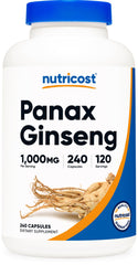 Nutricost Panax Ginseng 1000mg bottle showing 120 servings for daily energy support.