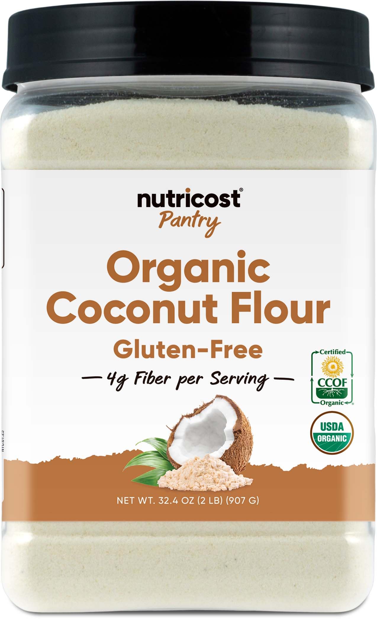 Nutricost Pantry Organic Coconut Flour package on counter for gluten-free baking.