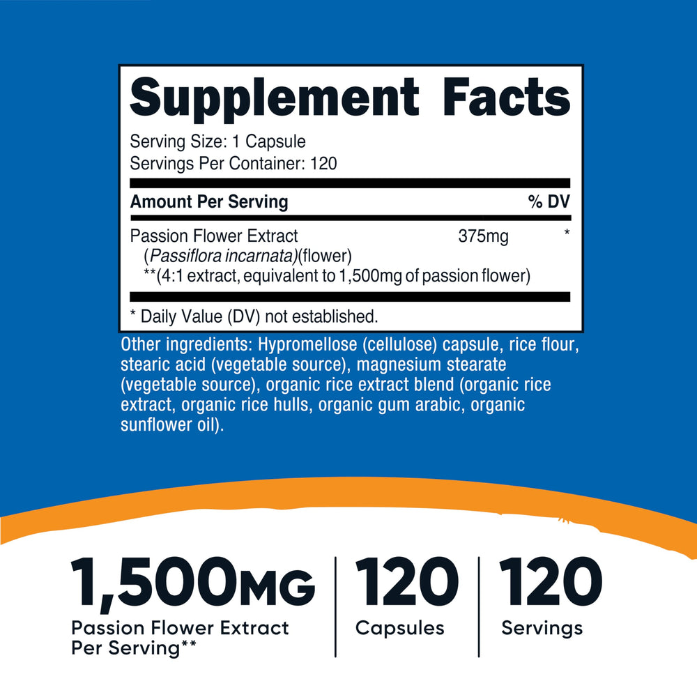 Nutricost Passion Flower Extract capsules close-up highlighting compact daily dosing.