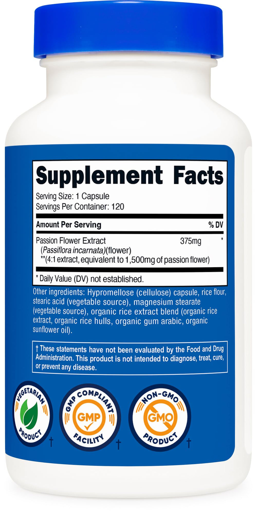 Nutricost Passion Flower Extract packaging overview highlighting GMP-compliant, FDA-registered facility and quality.