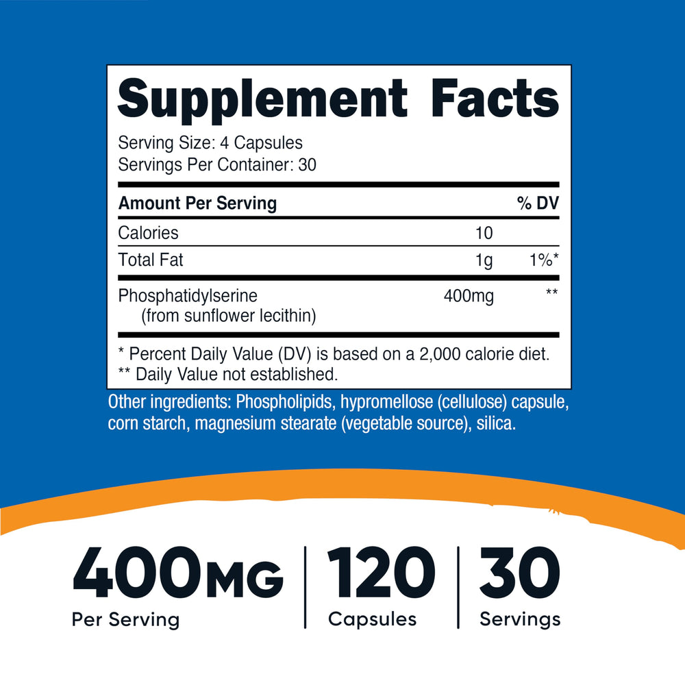 Nutricost Phosphatidylserine 400mg bottle back shows ingredients and serving details.
