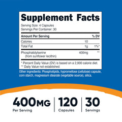 Nutricost Phosphatidylserine 400mg bottle back shows ingredients and serving details.