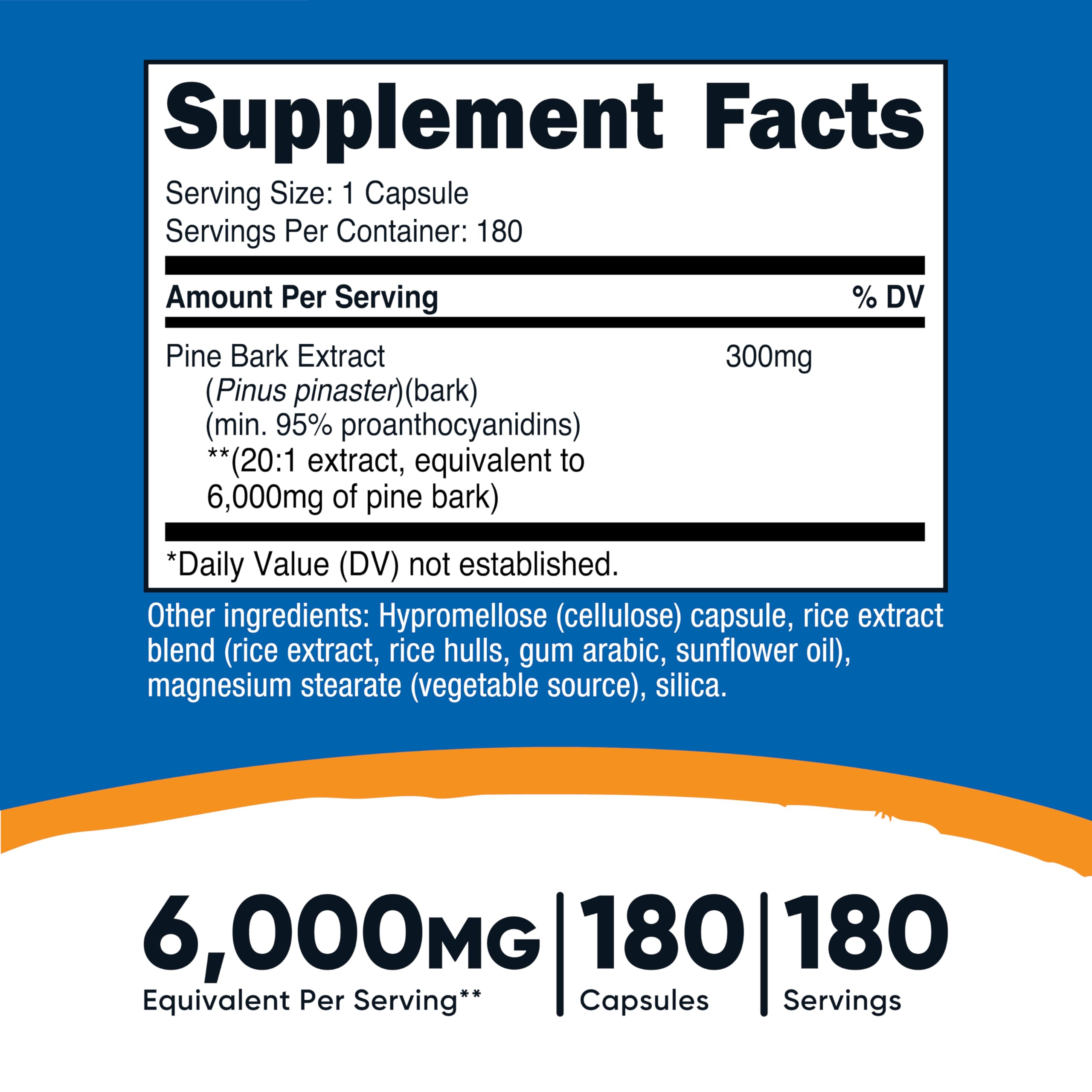 Close-up of Nutricost Pine Bark Extract capsules, 300 mg per serving.
