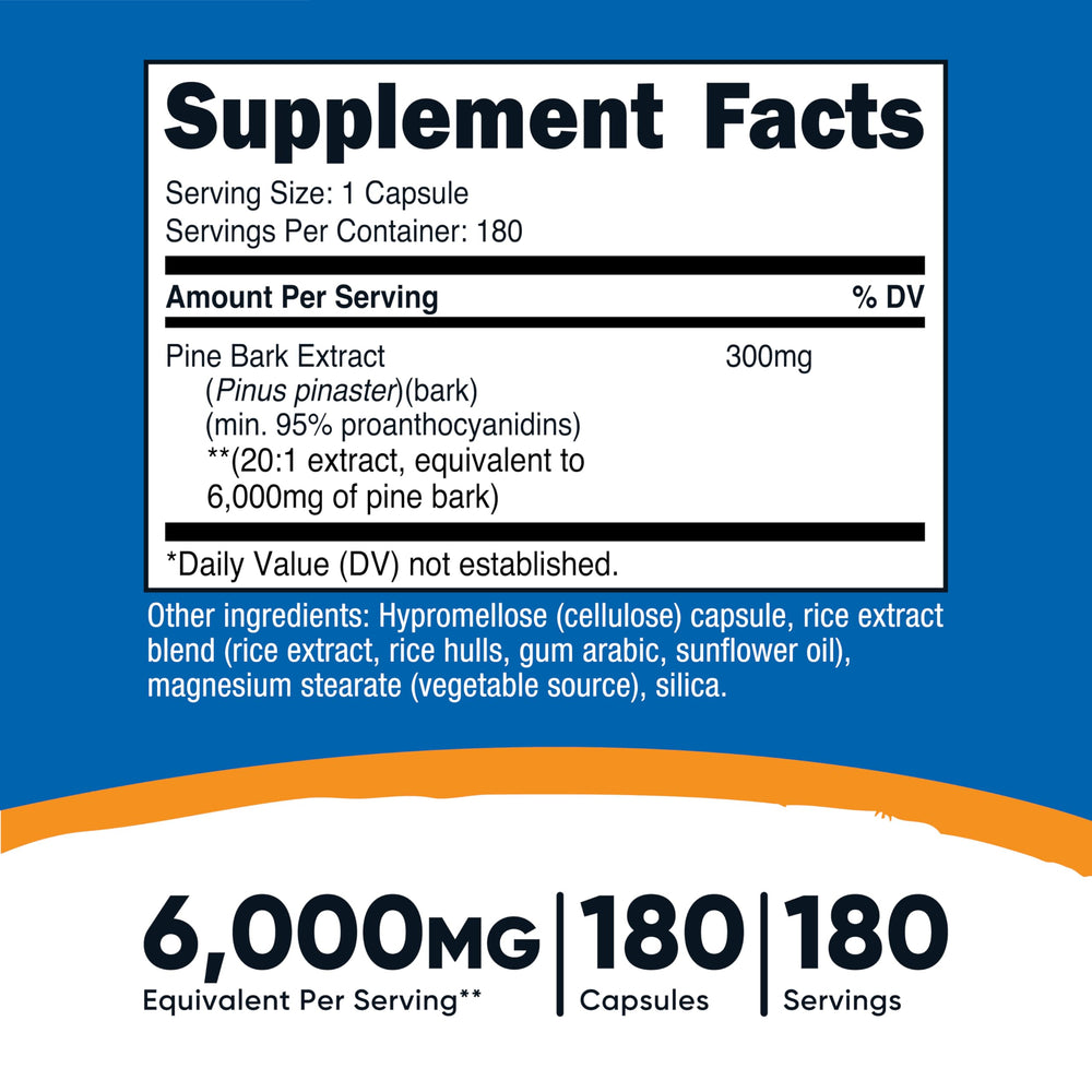 Close-up of Nutricost Pine Bark Extract capsules, 300 mg per serving.