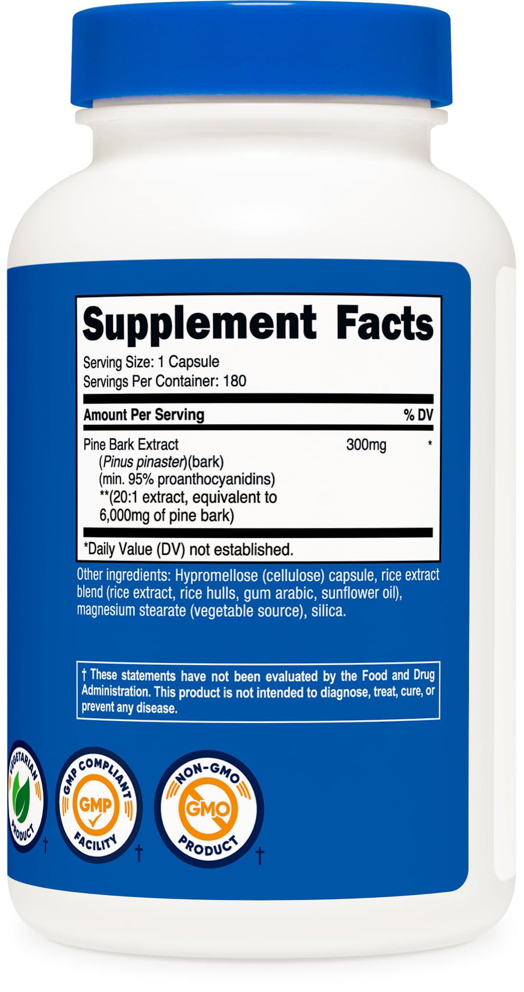 NSF GMP FDA facility certification badge shown with Nutricost Pine Bark Extract.