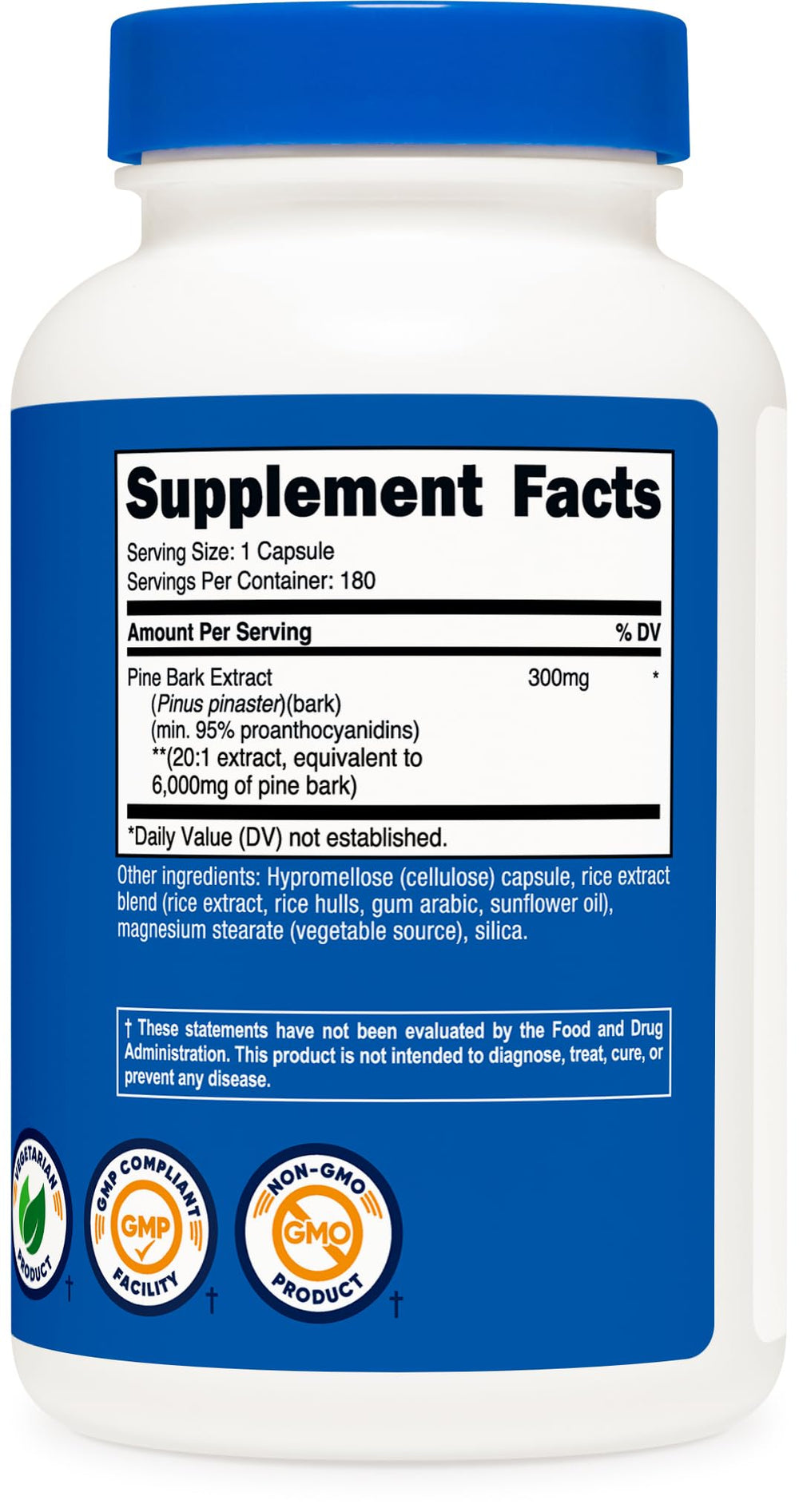 NSF GMP FDA facility certification badge shown with Nutricost Pine Bark Extract.